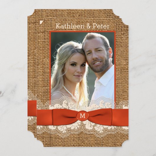 FAUX Burlap Lace Bow Invitation de mariage - Orang (Devant / Derrière)