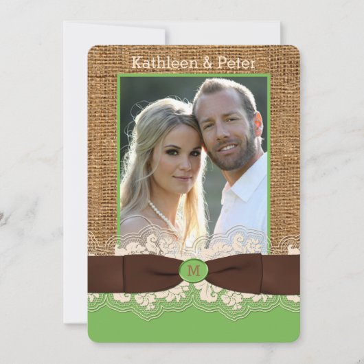 FAUX Burlap Lace Bow Invitation de mariage PHOTO, (Devant)