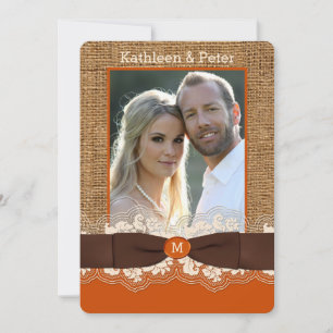 FAUX Burlap Lace Bow Invitation de mariage PHOTO, 