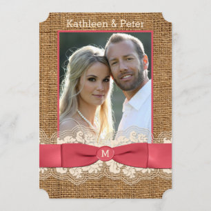 FAUX Burlap, Lace, Bow PHOTO Wedding Invite - Roze Kaart