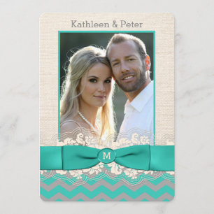 FAUX Burlap, Lace PHOTO Wedding Invite, Chevron 2 Kaart