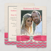 FAUX Burlap, Lace PHOTO Wedding Invite, Chevron 4 Kaart (Voorkant / Achterkant)