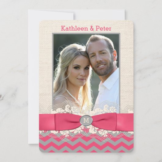 FAUX Burlap, Lace PHOTO Wedding Invite, Chevron 4 Kaart (Voorkant)
