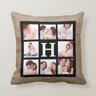 Faux Burlap-monogram met acht familiefoto's Kussen