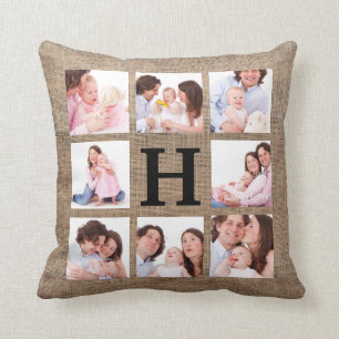 Faux Burlap-monogram met acht familiefoto's Kussen