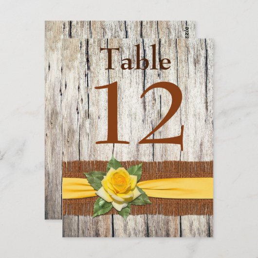 FAUX Burlap, Rose Jaune Numéro de table Carte post (Devant / Derrière)