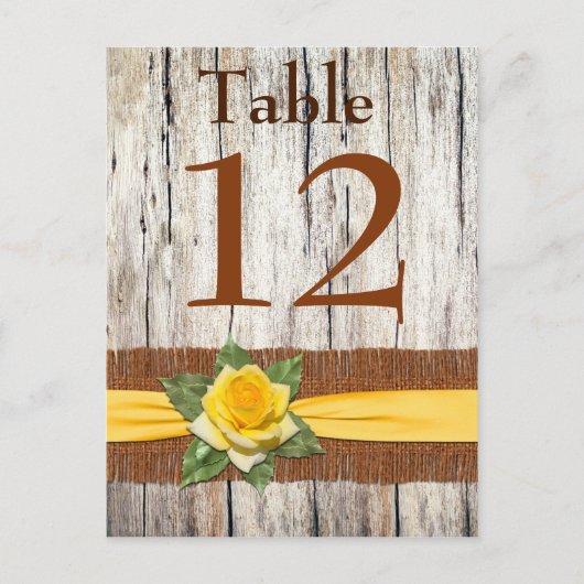 FAUX Burlap, Rose Jaune Numéro de table Carte post (Devant)