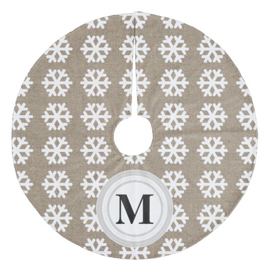 Faux Burlap White Snowflakes Monogram Tree Skirt Fleece Kerstboom Rok (Voorkant)