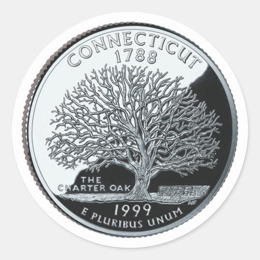 Faux Connecticut State Quarter Charter Eak Tree Ronde Sticker (Voorkant)