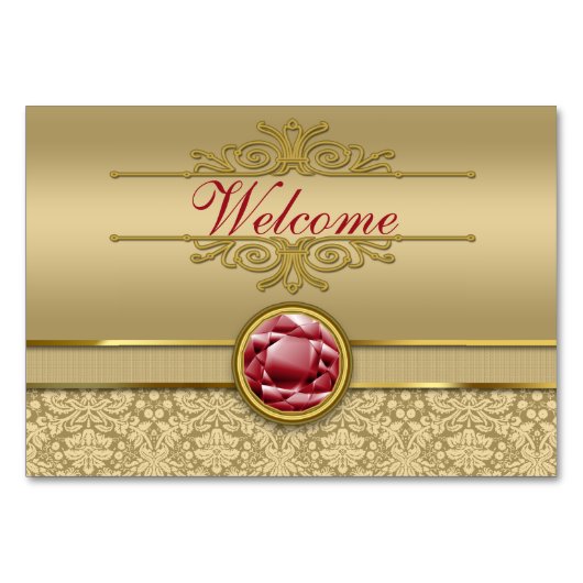 Faux Dark Ruby Red Gemstone Metallic Gold Damask Kaart (Achterkant)