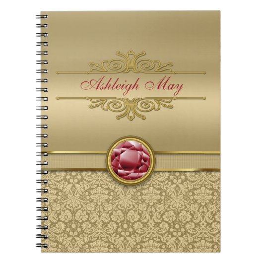 Faux Dark Ruby Red Gemstone Metallic Gold Damask Notitieboek (Voorkant)