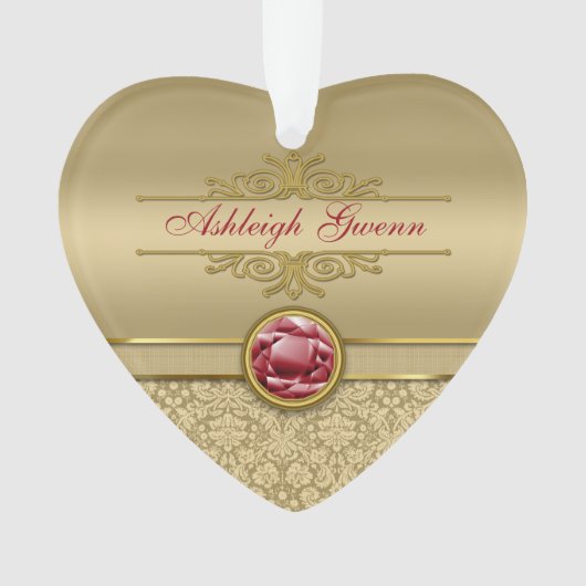 Faux Dark Ruby Red Gemstone Metallic Gold Damask Ornament (voorkant)