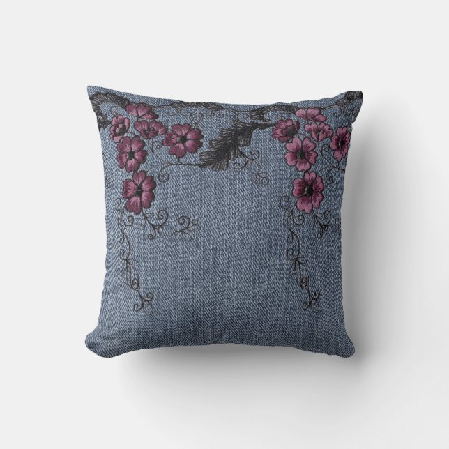 *~* Faux Denim Hand stitched Flowers Kussen (Voorkant)