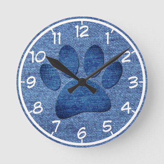 Faux Denim Jeans Dog Paw Print Ronde Klok (Voorkant)