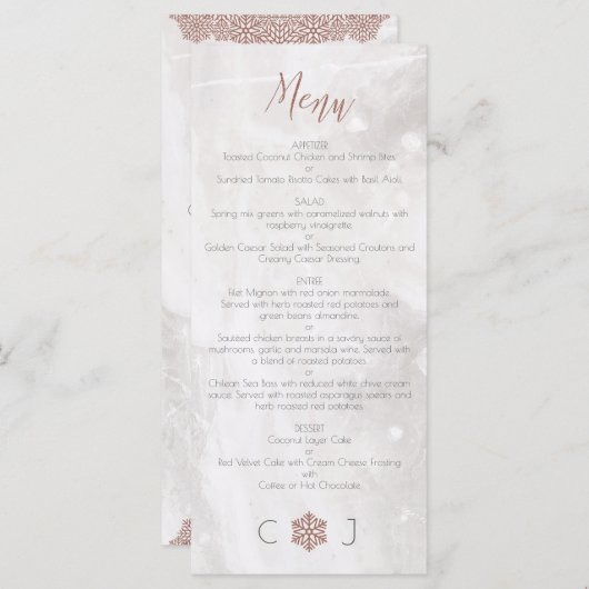 Faux d'hiver Rose Gold Snowflakes Mariage Menu (Devant / Derrière)