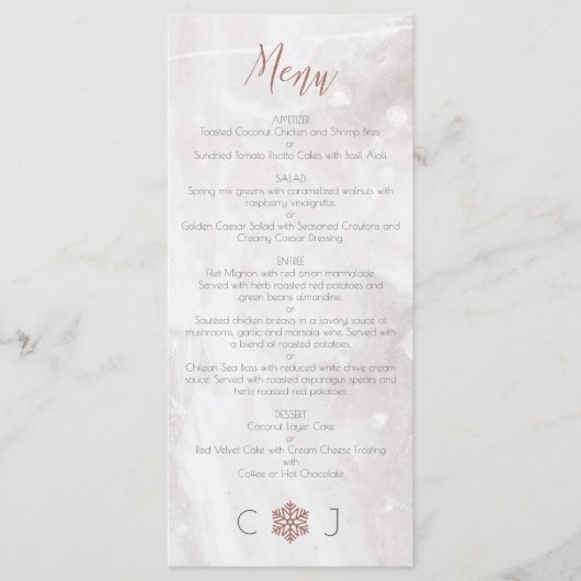 Faux d'hiver Rose Gold Snowflakes Mariage Menu (Devant)