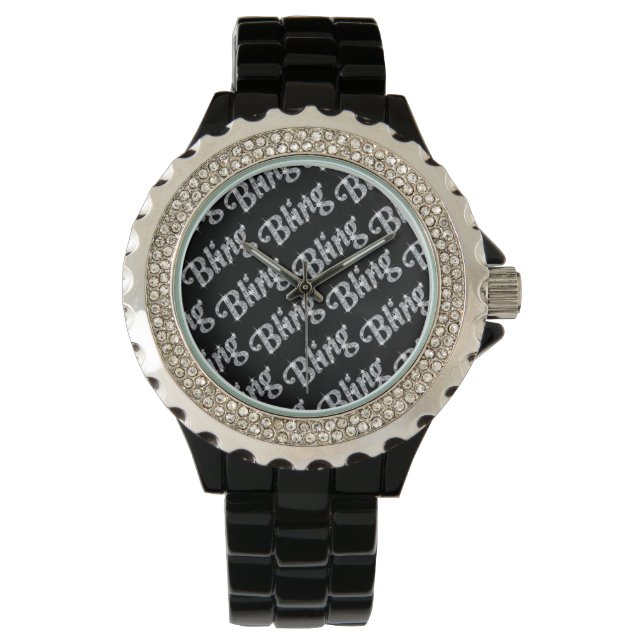 Faux diamant op zwarte band Watch Horloge (Voorkant)