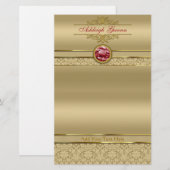 Faux Donker Ruby Rood Edelsteen Metallic Goud Dama Briefpapier (Voorkant / Achterkant)