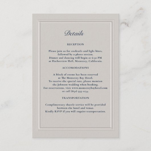 Faux Embossed Dubbele Lijst Formele bruiloft Detai Informatiekaartje (Voorkant)