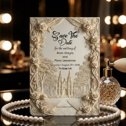 Faux Embossed Relief Ivory Baroque Stone Save The Date