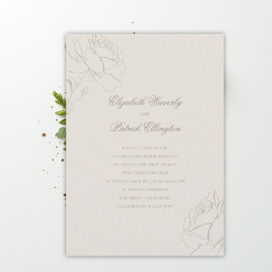 Faux Embossed Roses Ecru Modern Classic Wedding Kaart