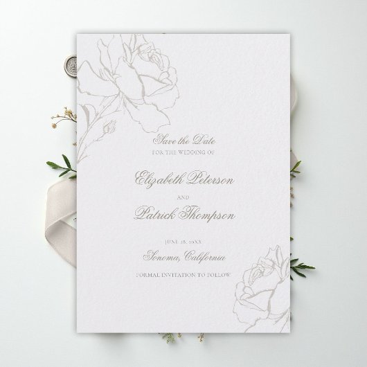Faux Embossed Roses Pearl Formal Classic Wedding Save The Date