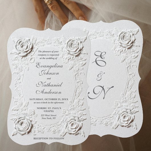 Faux Embossed Roses Script Elegant Formal Wedding Kaart