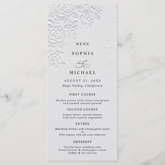 Faux Embossed White Roses Wedding Flat Menu (Voorkant)