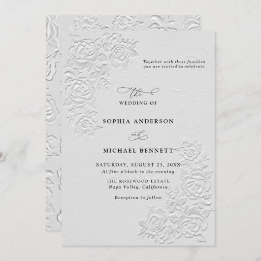 Faux Embossed White Roses Wedding Invitation (Devant / Derrière)