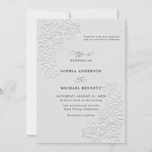 Faux Embossed White Roses Wedding Invitation Kaart (Voorkant)