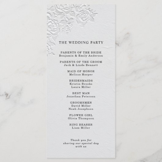 Faux Embossed White Roses Wedding Program Programma (Achterkant)