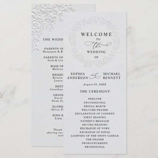 Faux Embossed White Roses Wedding Program Programma (Voorkant / Achterkant)