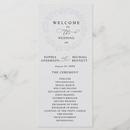 Faux Embossed White Roses Wedding Program Programma (Voorkant)