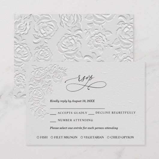 Faux Embossed White Roses Wedding RSVP Card (Devant / Derrière)