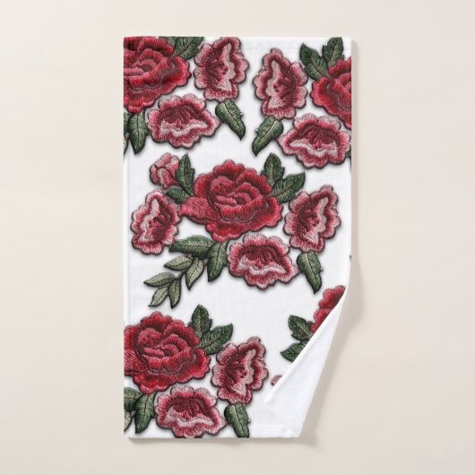 Faux Embroidery Red Roses Floral Roos Pattern Bad Handdoek (Handdoek)