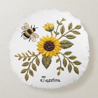 Faux Embroidery Sunflower and Honeybee Rond Kussen
