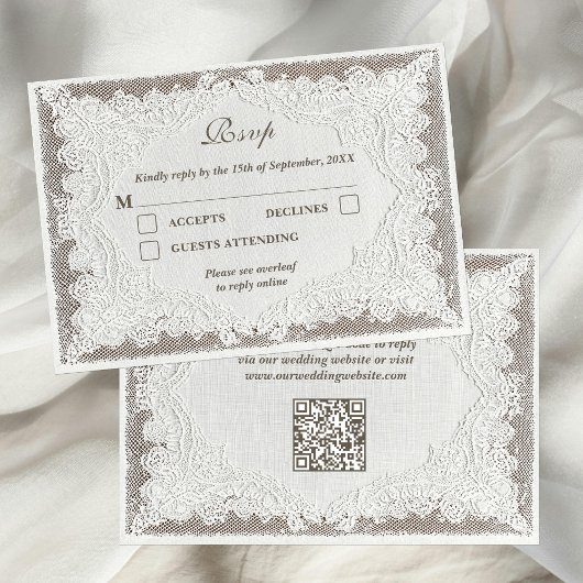 Faux Embroidery Timeless Lace QR Code Wedding RSVP Kaartje