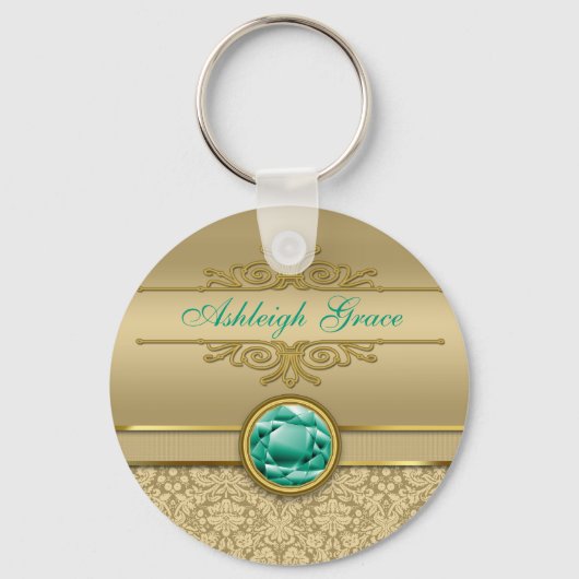 Faux Emerald Gemstone Metallic Shiny Gold Damask Sleutelhanger (Voorkant)
