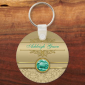 Faux Emerald Gemstone Metallic Shiny Gold Damask Sleutelhanger (Voorkant)