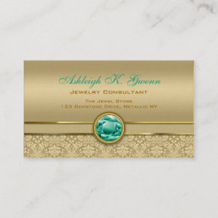Faux Emerald Green Gemstone Metallic Gold Damask Visitekaartje