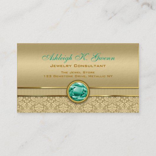 Faux Emerald Green Gemstone Metallic Gold Damask Visitekaartje (Voorkant)