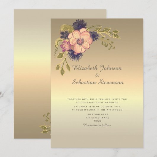 Faux faire-part de mariage en or (Devant / Derrière)