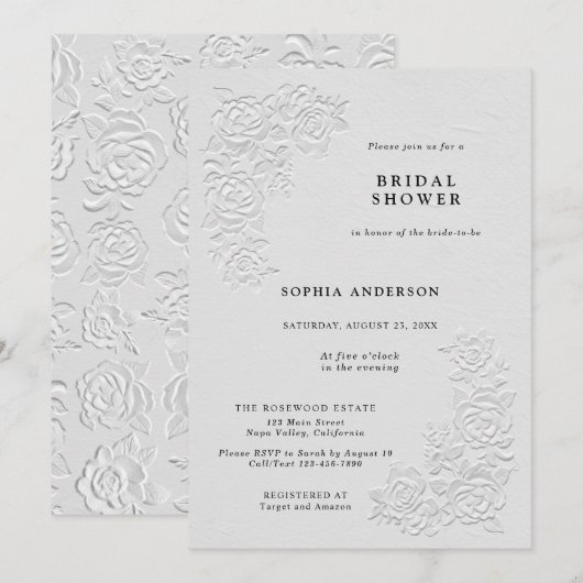 Faux faire relief Roses Blanches Invitation de Fêt (Devant / Derrière)