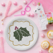 Faux Felt and Gold Glitter Holly Leaves Berries Papieren Bordje (Feest)