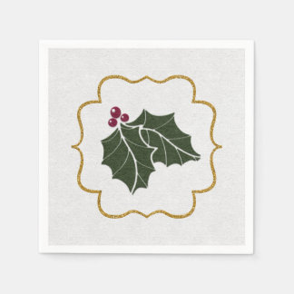 Faux Felt and Gold Glitter Holly Leaves Berries Servet