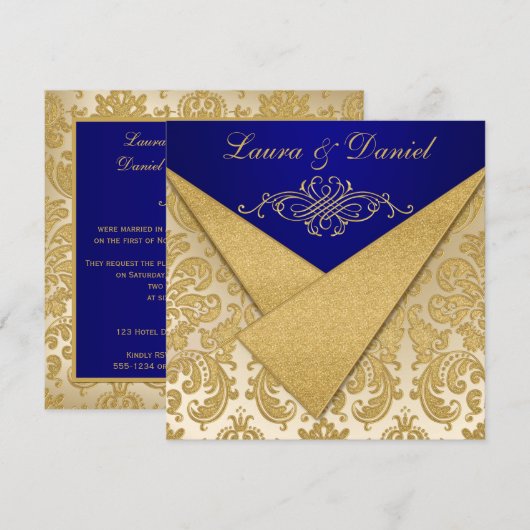 FAUX FLAPS Blauw, Gouden Damast Receptie Uitnodige Kaart (Voorkant / Achterkant)