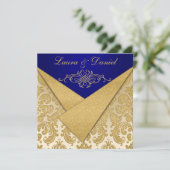 FAUX FLAPS Blauw, Gouden Damast Receptie Uitnodige Kaart (Staand voorkant)