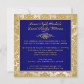 FAUX FLAPS Blauw, Gouden Damast Receptie Uitnodige Kaart (Achterkant)