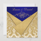 FAUX FLAPS Blauw, Gouden Damast Receptie Uitnodige Kaart (Voorkant)