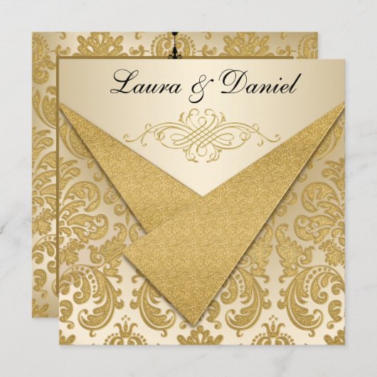 FAUX FLAPS Gold Damask Chandelier Reception nodigt Kaart (Voorkant / Achterkant)